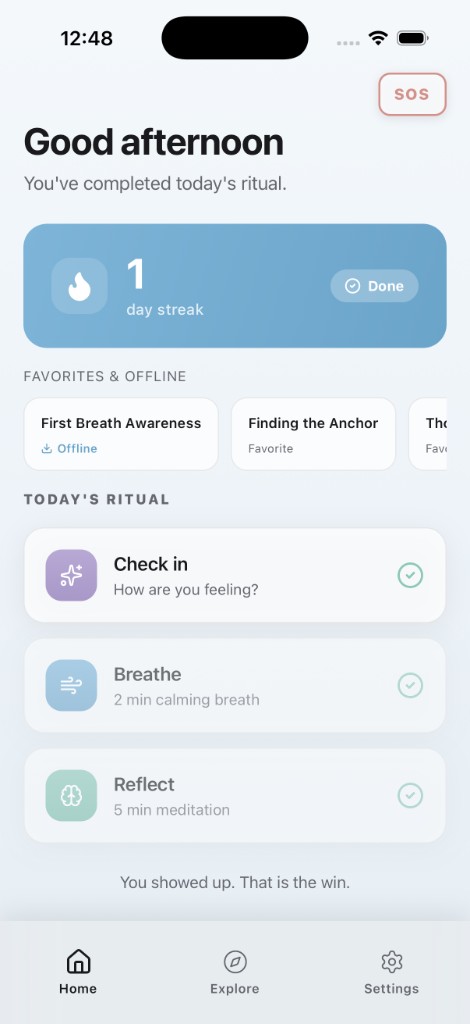 Mental Stable home with daily ritual, favorites, and offline content